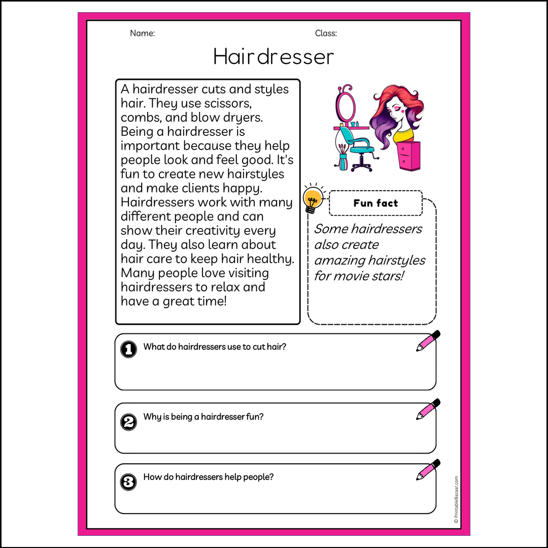 Hairdresser | Reading Passage Comprehension Questions Writing Facts Worksheet