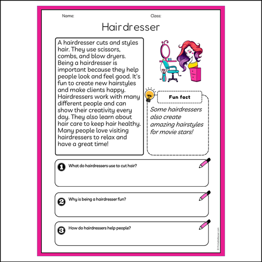 Hairdresser | Reading Passage Comprehension Questions Writing Facts Worksheet