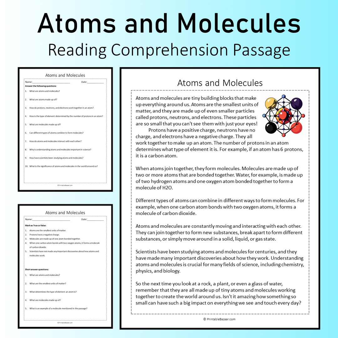 Atoms and Molecules | Reading Comprehension Passage Printable Worksheet