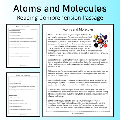 Atoms and Molecules | Reading Comprehension Passage Printable Worksheet