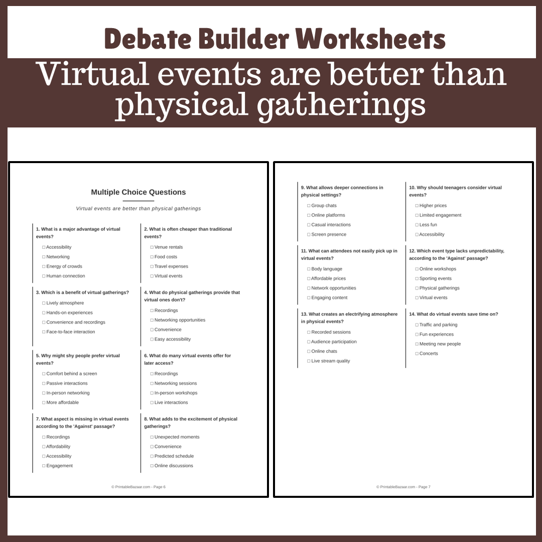 Virtual events are better than physical gatherings | Favour and Against Worksheet Printable Activity