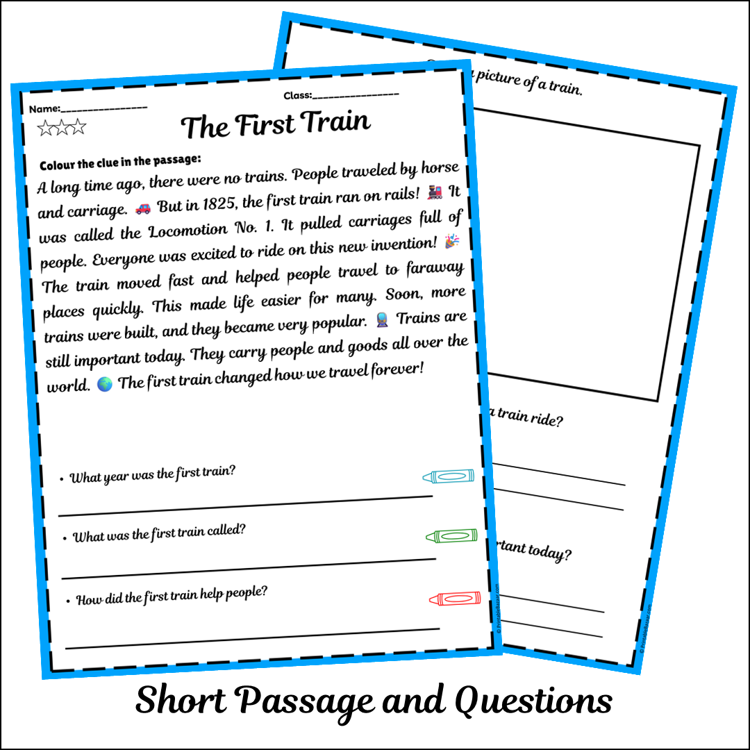 The First Train | Short Reading Comprehension Creative Worksheet