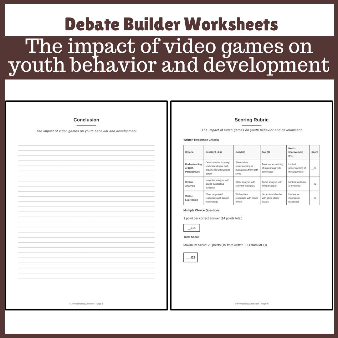 The impact of video games on youth behavior and development | Favour and Against Worksheet Printable Activity