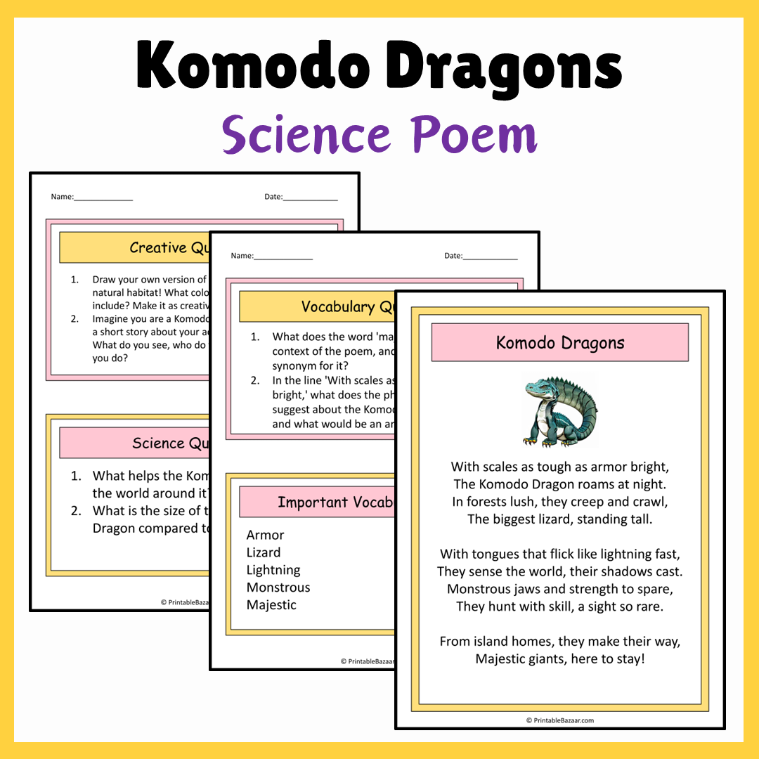 Komodo Dragons | Science Poem Reading Comprehension Activity