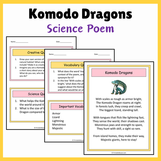 Komodo Dragons | Science Poem Reading Comprehension Activity