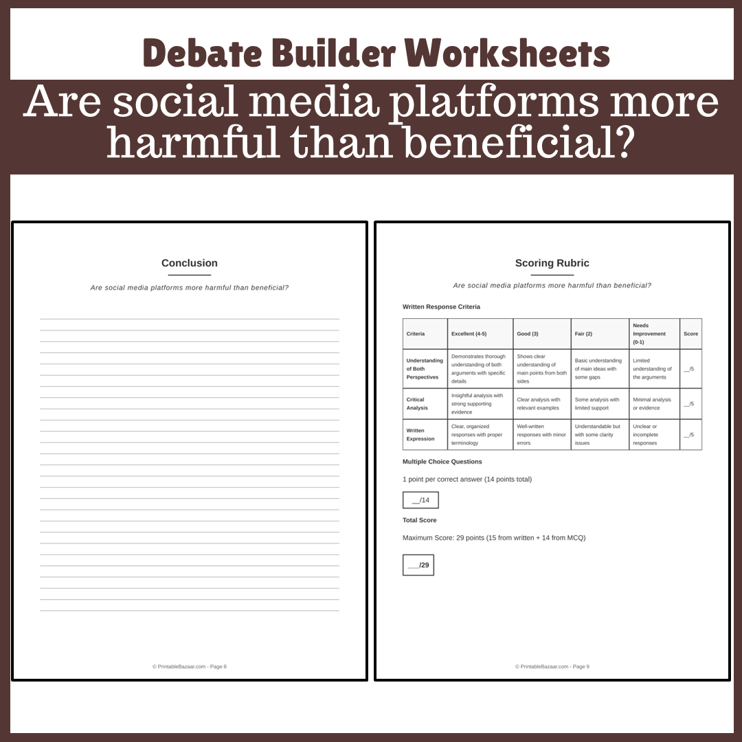 Are social media platforms more harmful than beneficial? | Favour and Against Worksheet Printable Activity
