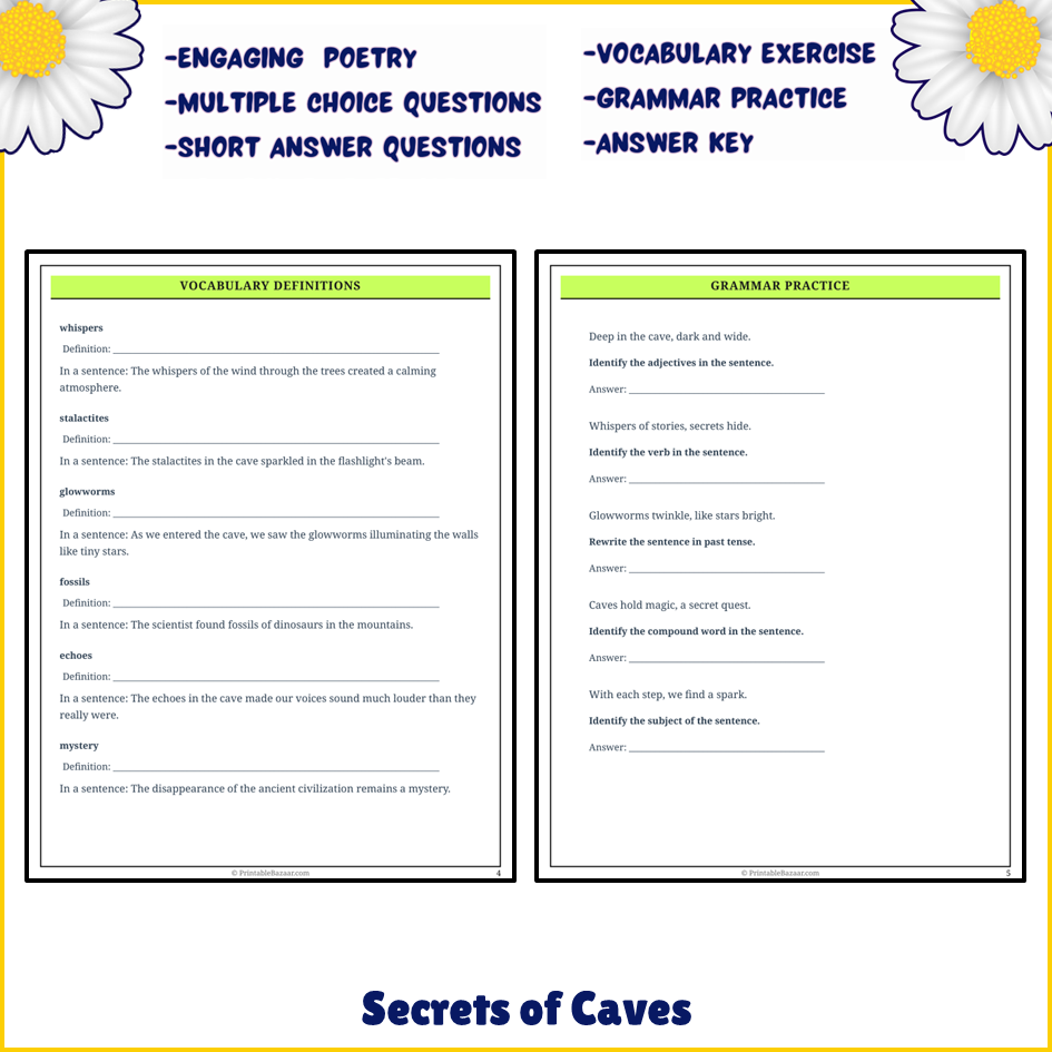 Secrets of Caves | Poem Grammar Worksheet Printable Activity