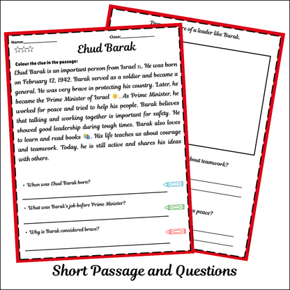 Ehud Barak | Short Reading Comprehension Creative Worksheet