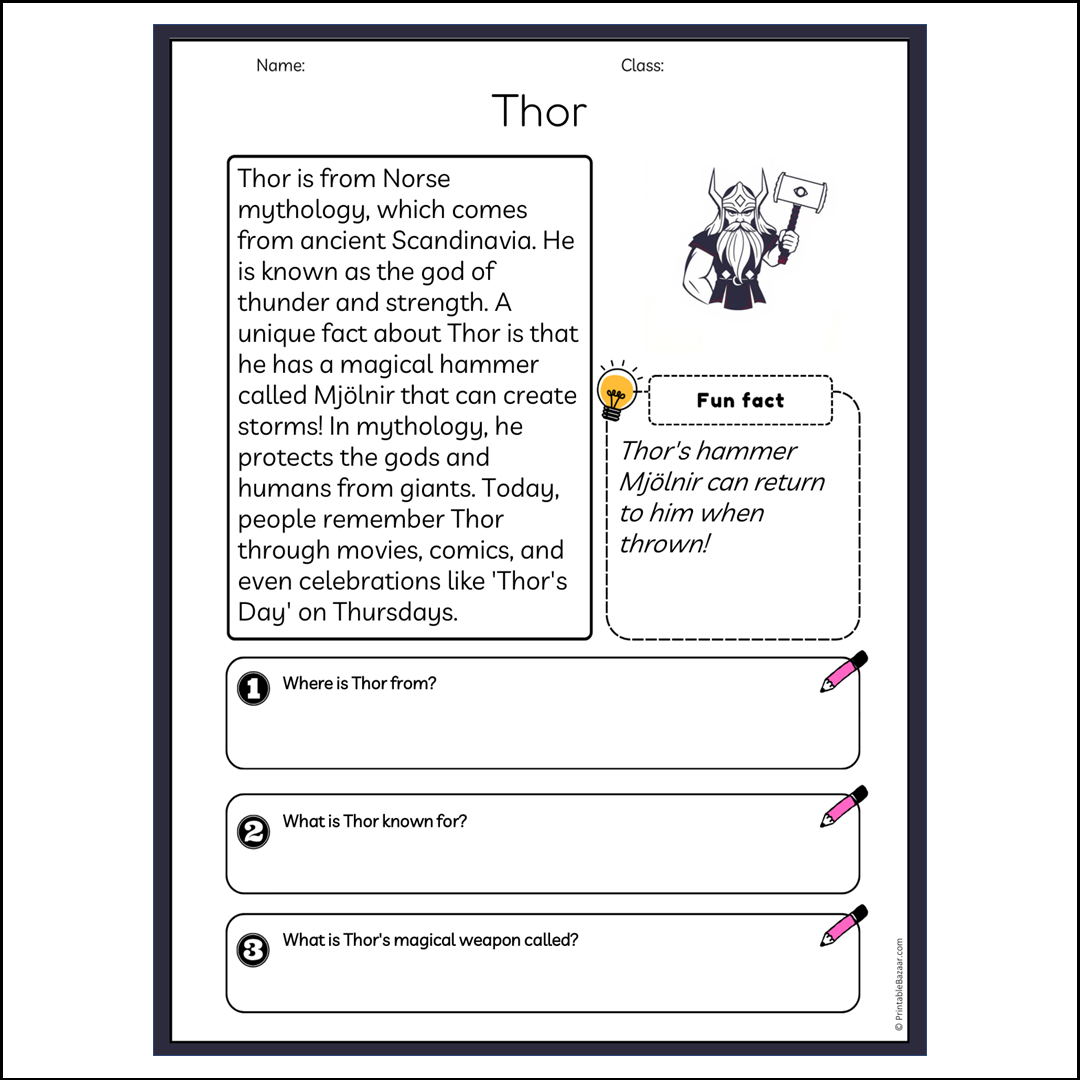 Thor | Reading Passage Comprehension Questions Writing Facts Worksheet