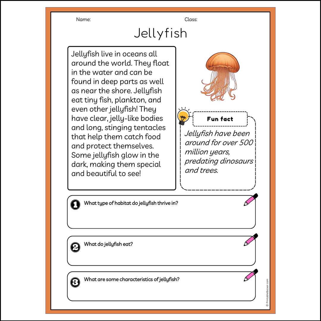 Jellyfish | Reading Passage Comprehension Questions Writing Facts Worksheet