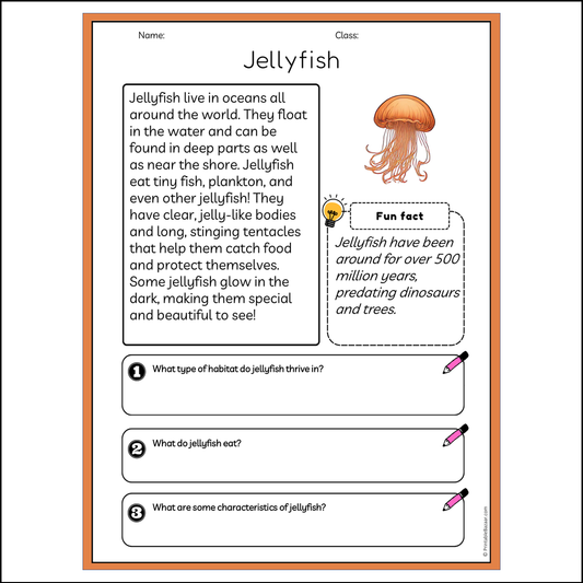 Jellyfish | Reading Passage Comprehension Questions Writing Facts Worksheet