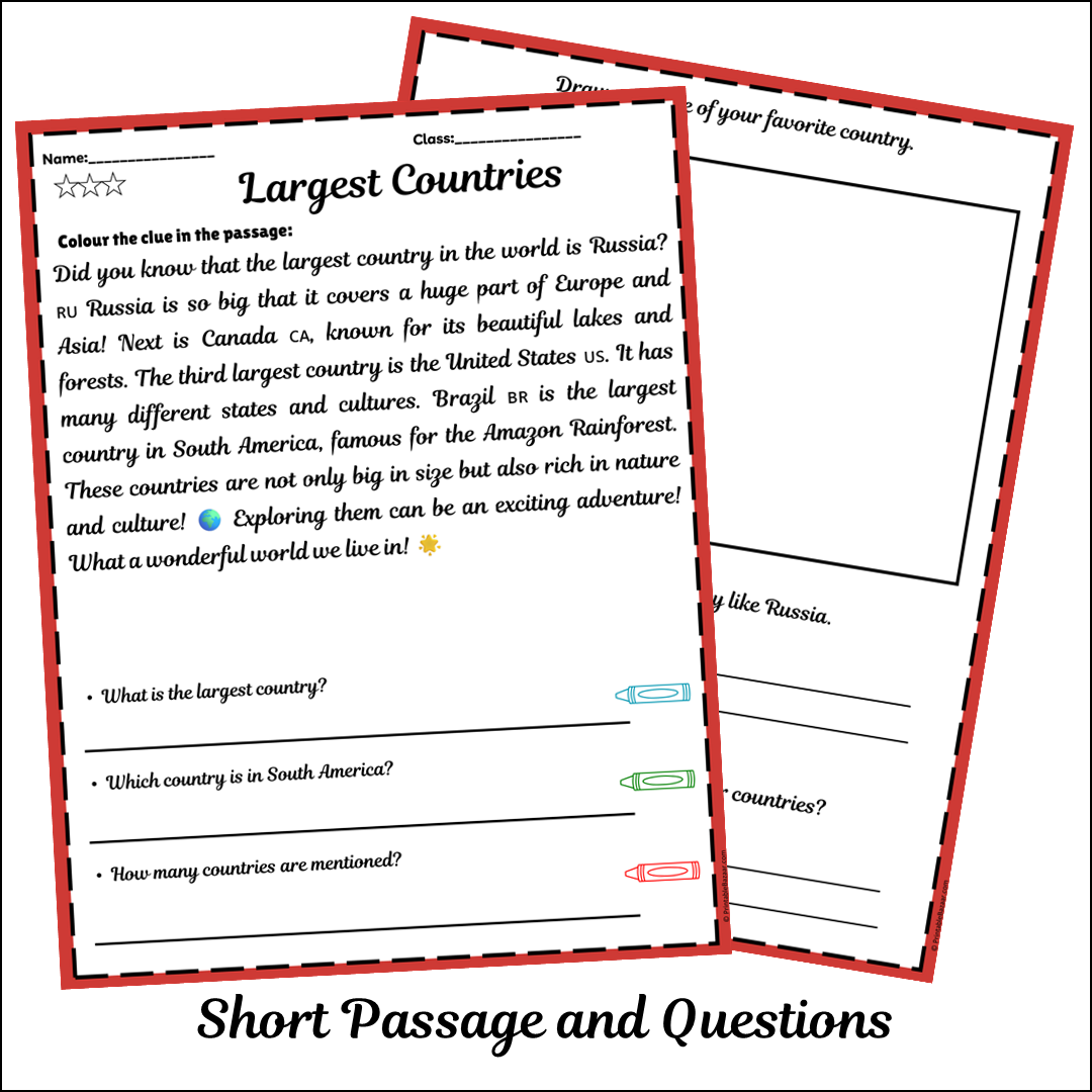 Largest Countries | Short Reading Comprehension Creative Worksheet