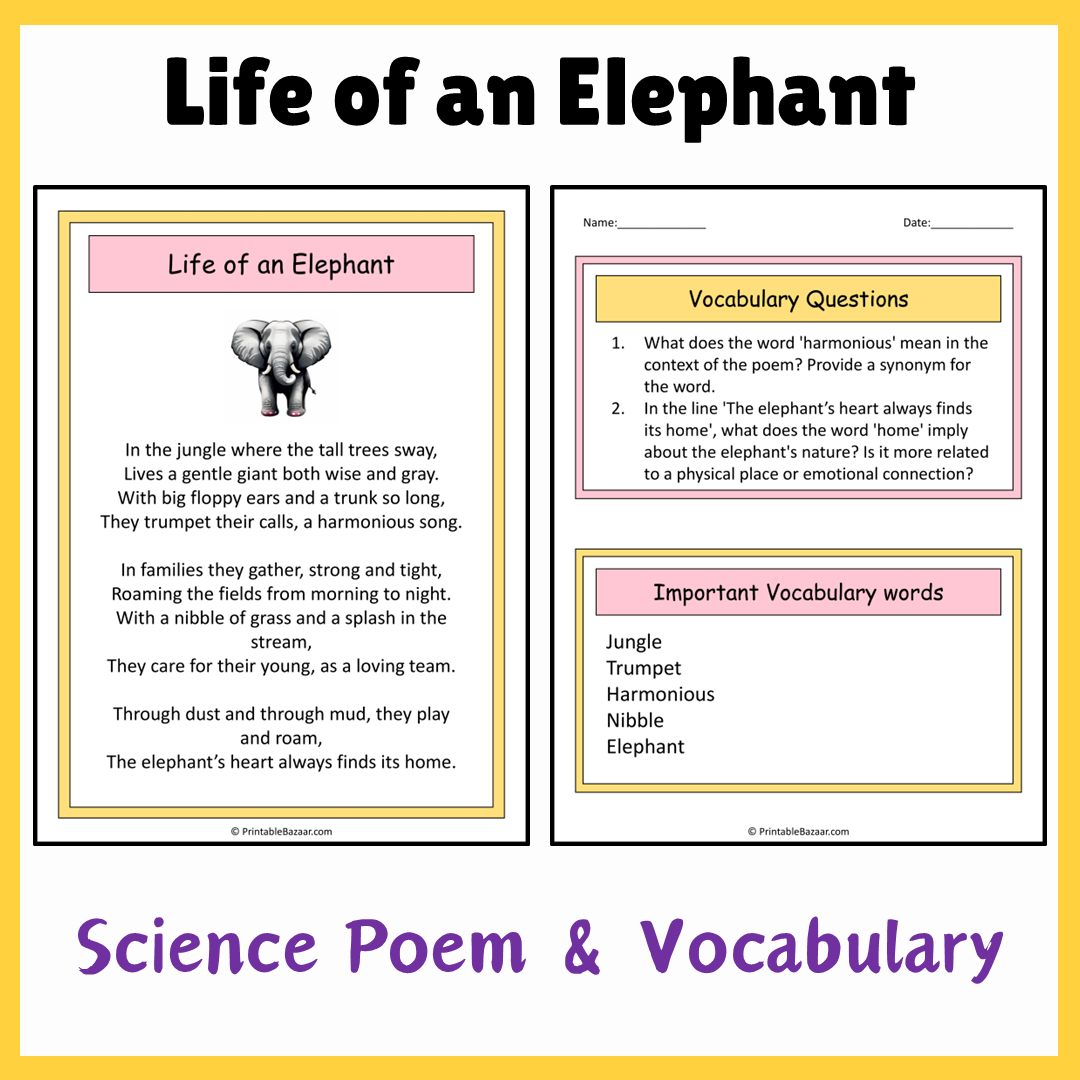 Life of an Elephant | Science Poem Reading Comprehension Activity