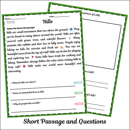 Hills | Short Reading Comprehension Creative Worksheet