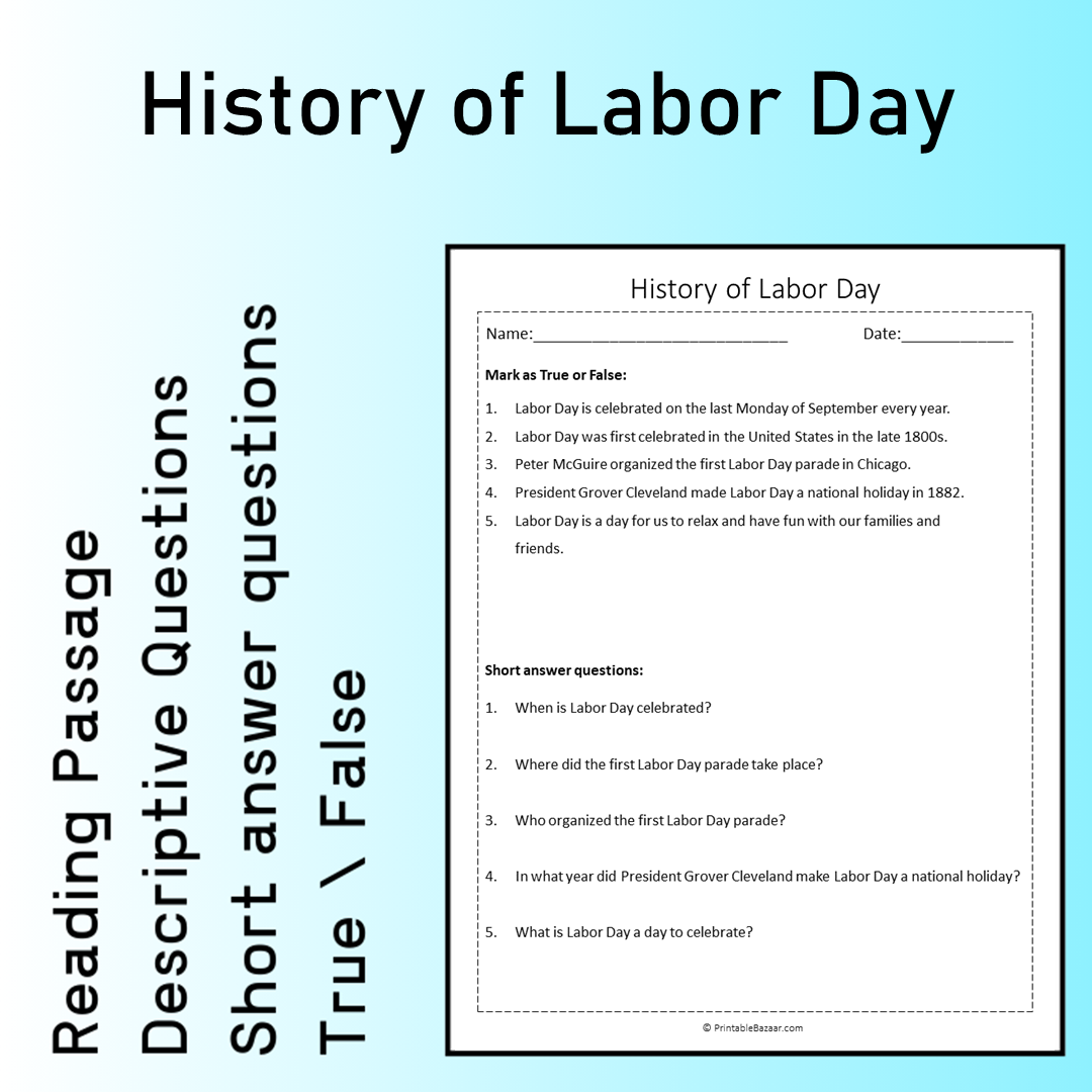 History of Labor Day | Reading Comprehension Passage Printable Worksheet