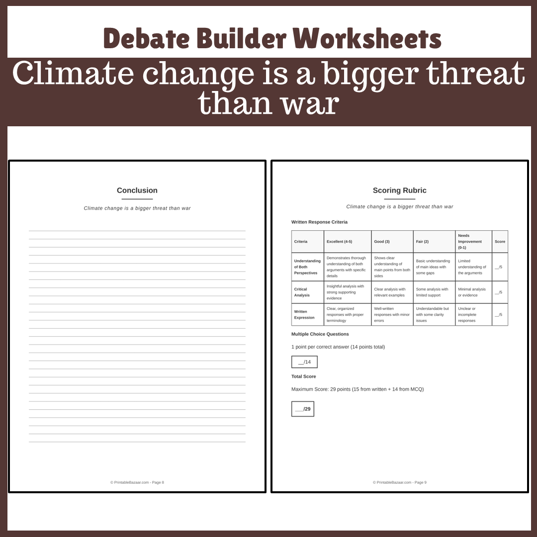 Climate change is a bigger threat than war | Favour and Against Worksheet Printable Activity
