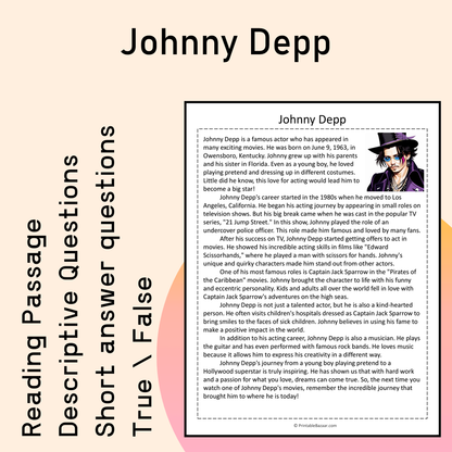 Johnny Depp | Reading Comprehension Passage Printable Activity