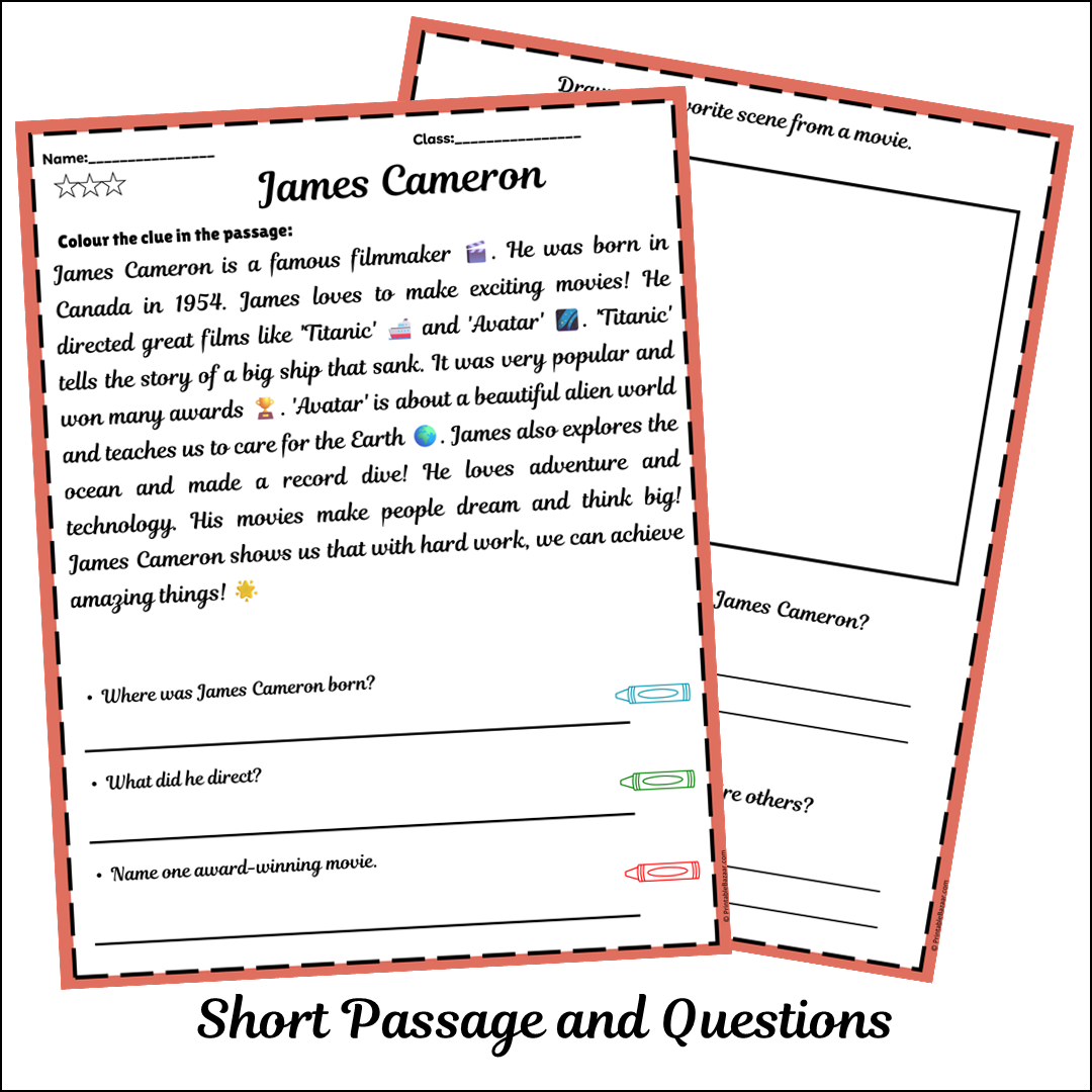 James Cameron | Short Reading Comprehension Creative Worksheet