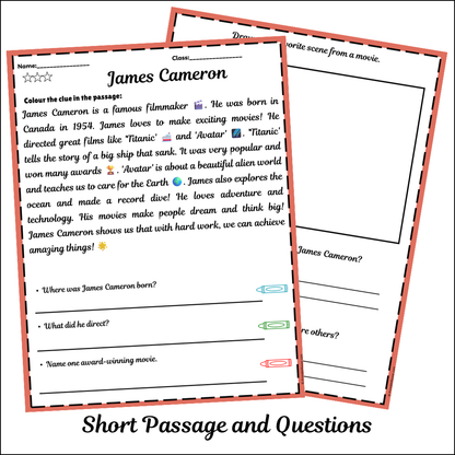 James Cameron | Short Reading Comprehension Creative Worksheet