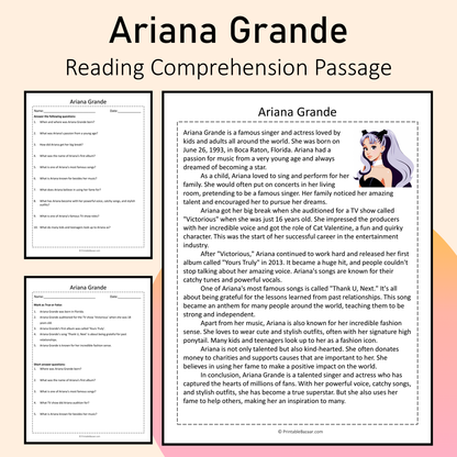 Ariana Grande | Reading Comprehension Passage Printable Activity