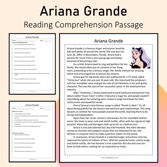 Ariana Grande | Reading Comprehension Passage Printable Activity