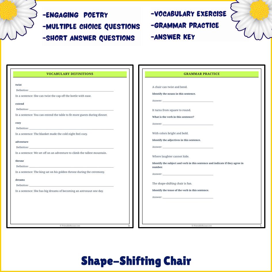 Shape-Shifting Chair | Poem Grammar Worksheet Printable Activity