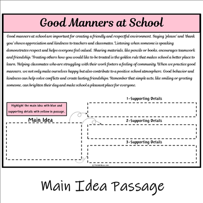 Good Manners at School | Main Idea and Supporting Details Reading Passage and Questions