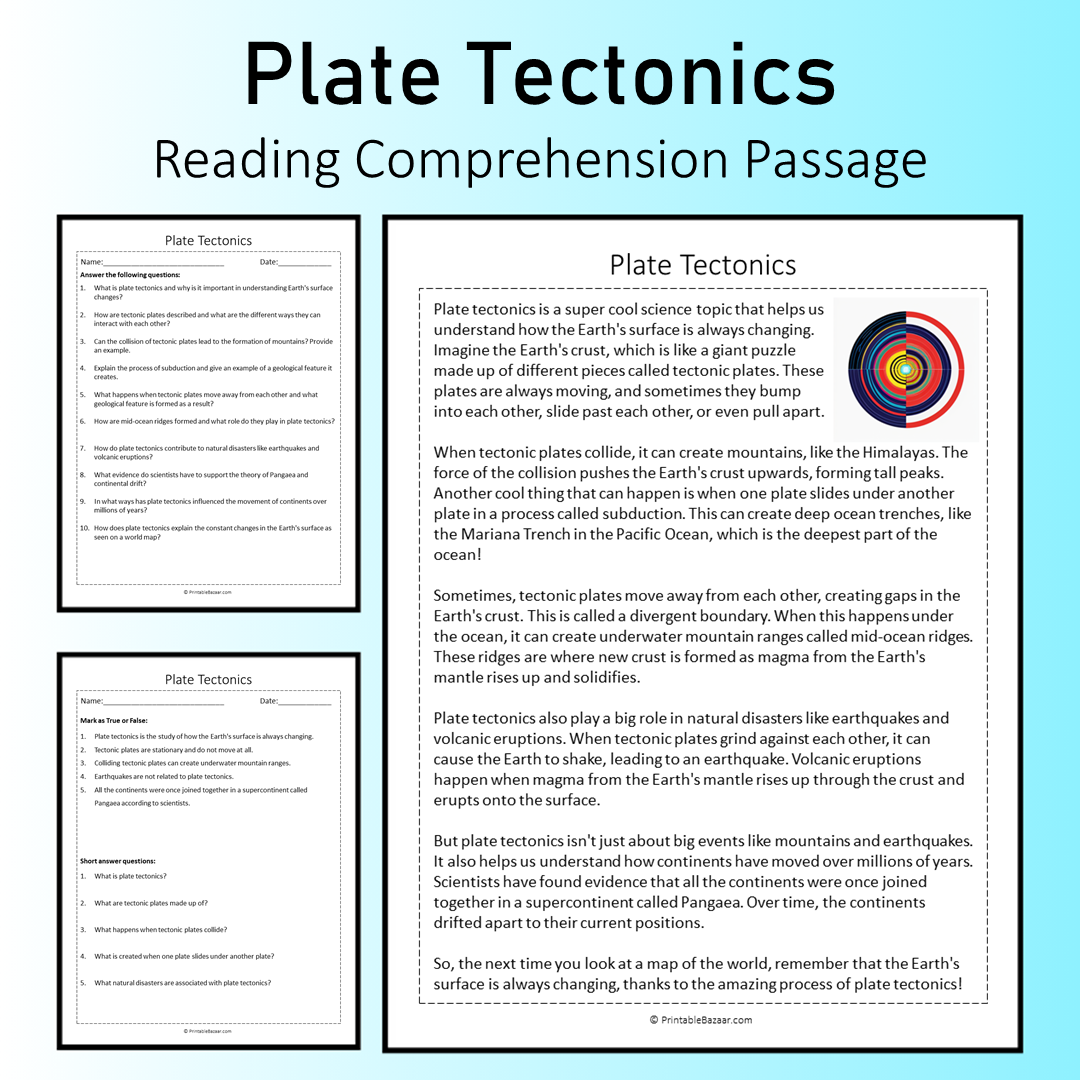 Plate Tectonics | Reading Comprehension Passage Printable Worksheet