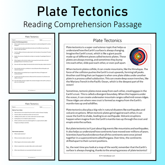 Plate Tectonics | Reading Comprehension Passage Printable Worksheet