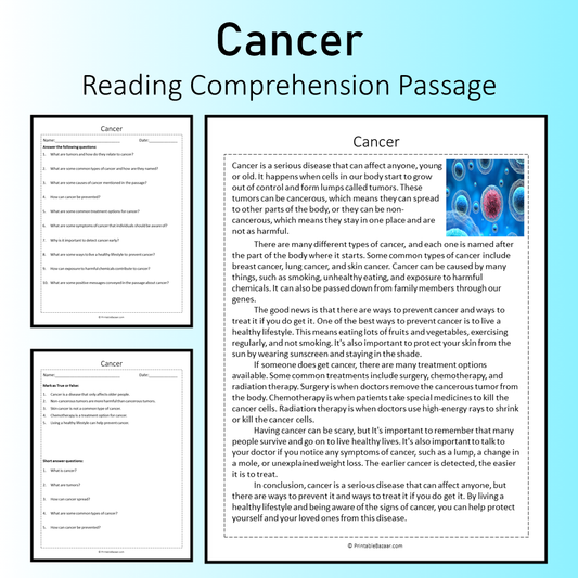 Cancer | Reading Comprehension Passage Printable Worksheet
