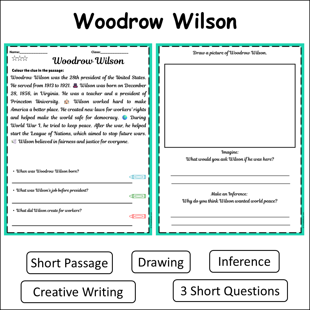 Woodrow Wilson | Short Reading Comprehension Creative Worksheet