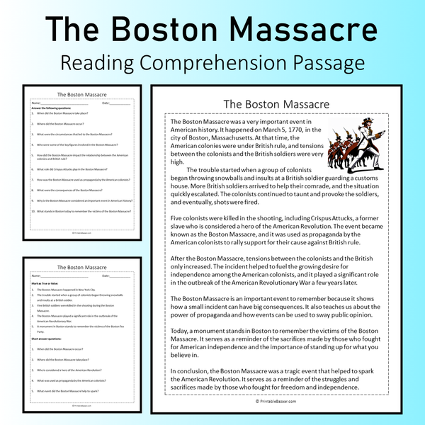 The Boston Massacre | Reading Comprehension Passage Printable Workshee ...