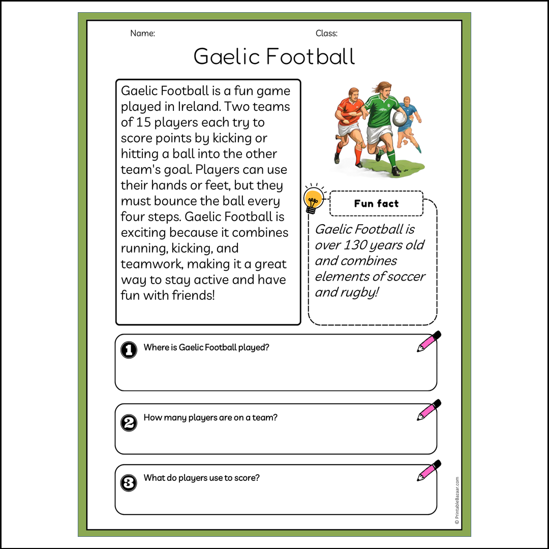 Gaelic Football | Reading Passage Comprehension Questions Writing Facts Worksheet