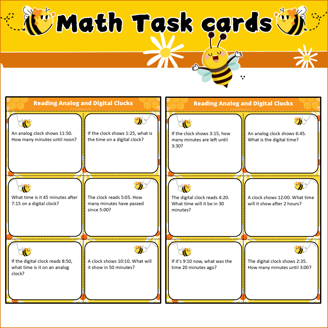 Reading Analog and Digital Clocks | Math Task Cards