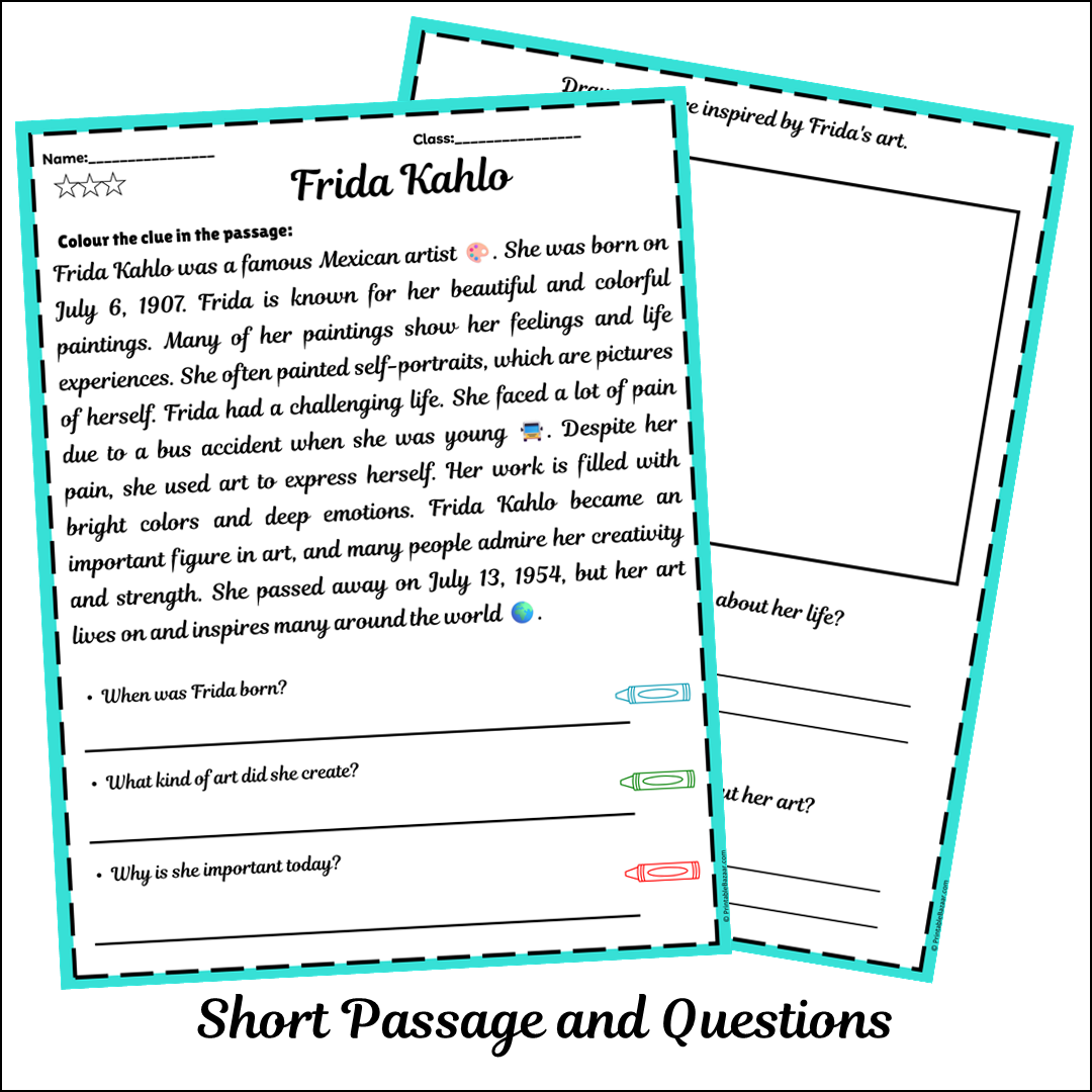 Frida Kahlo | Short Reading Comprehension Creative Worksheet