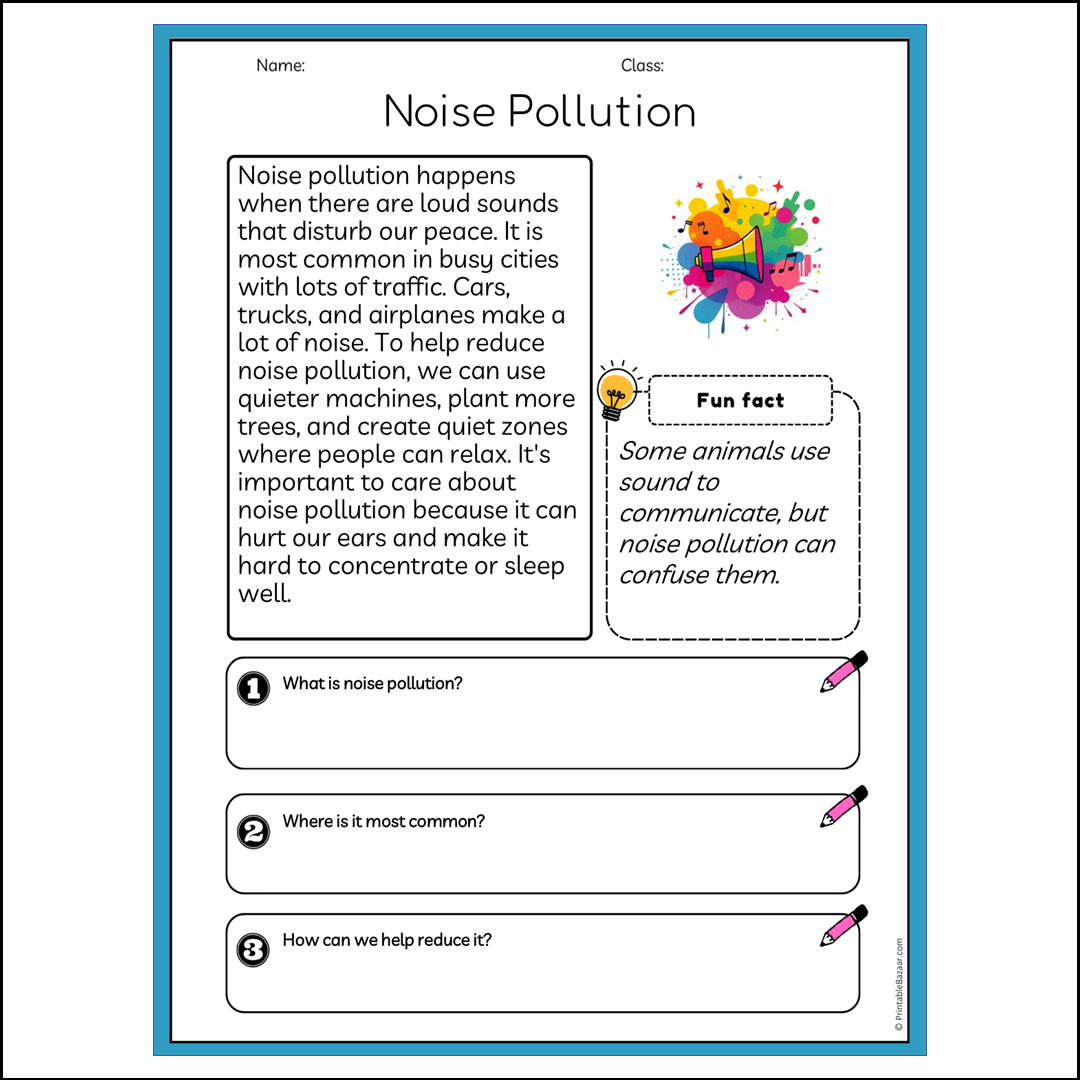 Noise Pollution | Reading Passage Comprehension Questions Writing Facts Worksheet