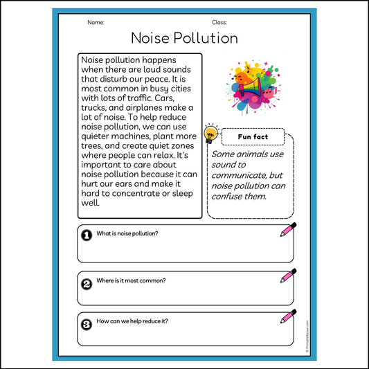 Noise Pollution | Reading Passage Comprehension Questions Writing Facts Worksheet