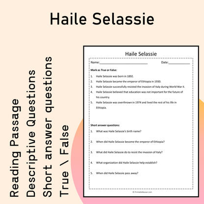 Haile Selassie | Reading Comprehension Passage Printable Activity