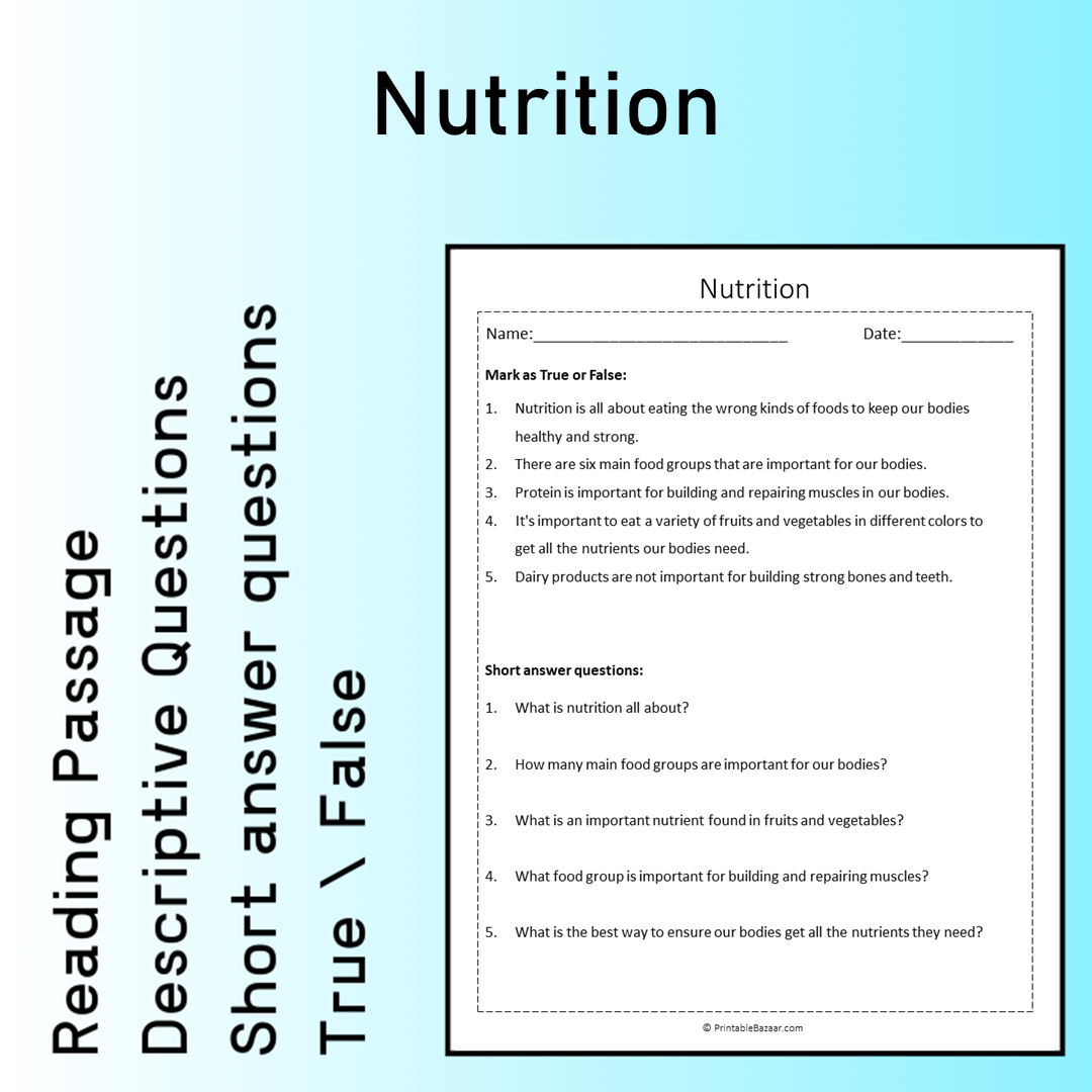 Nutrition | Reading Comprehension Passage Printable Worksheet