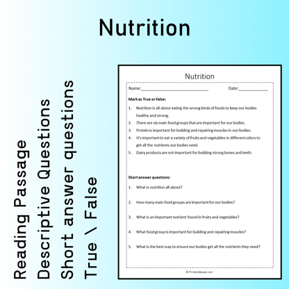 Nutrition | Reading Comprehension Passage Printable Worksheet