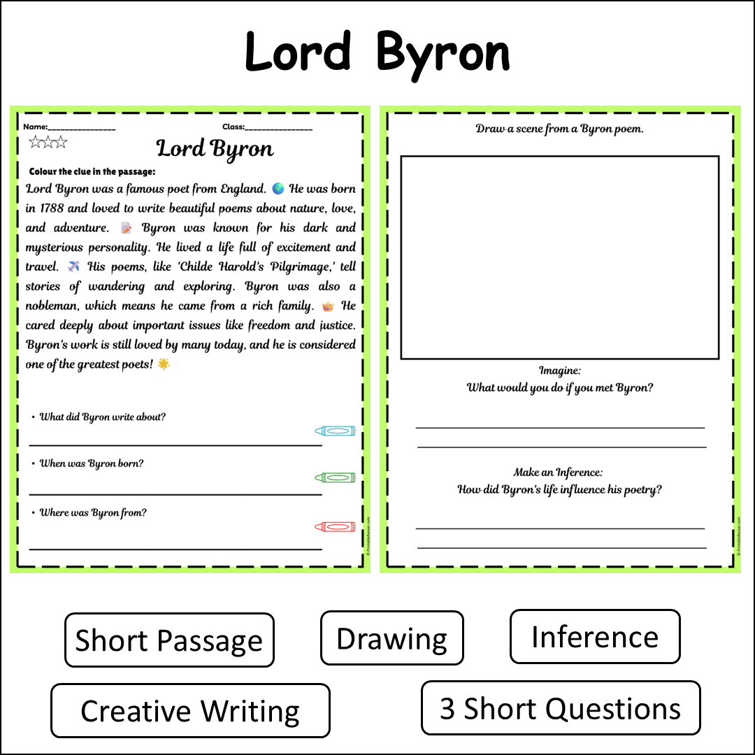 Lord Byron | Short Reading Comprehension Creative Worksheet