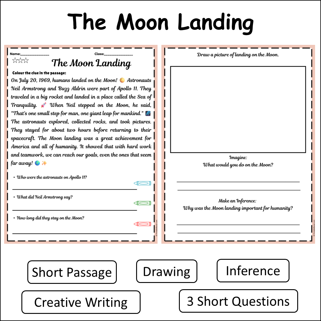 The Moon Landing | Short Reading Comprehension Creative Worksheet