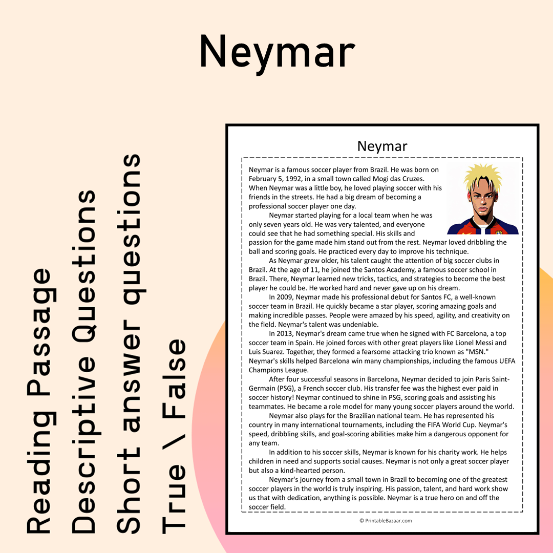 Neymar | Reading Comprehension Passage Printable Activity