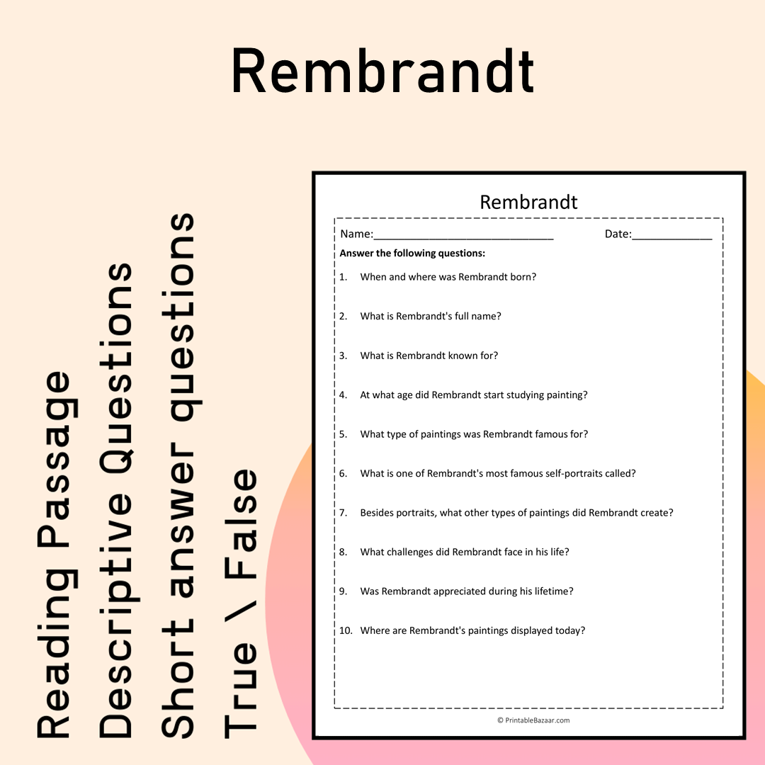 Rembrandt | Reading Comprehension Passage Printable Activity