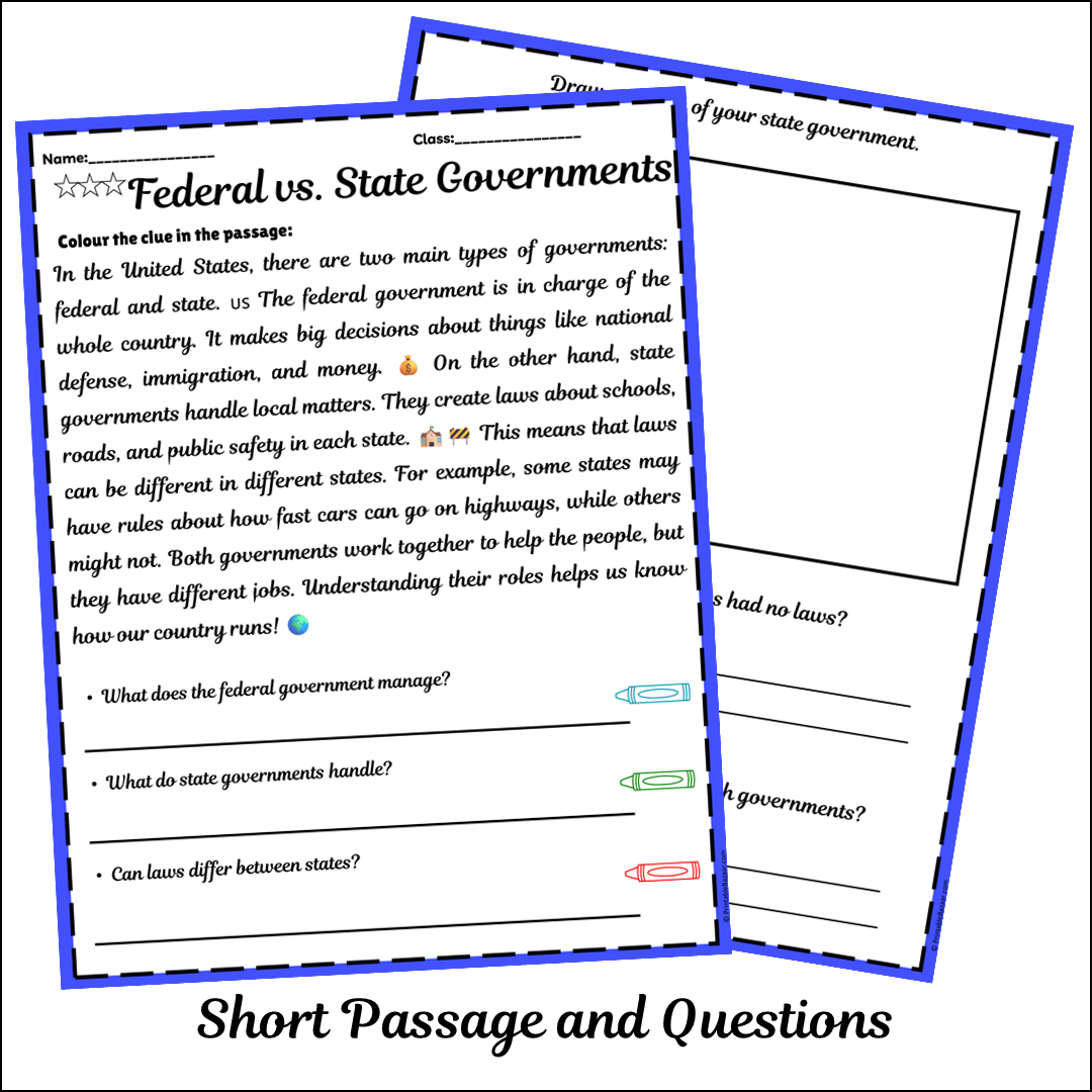 Federal vs. State Governments | Short Reading Comprehension Creative Worksheet