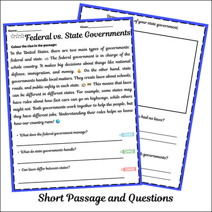 Federal vs. State Governments | Short Reading Comprehension Creative Worksheet