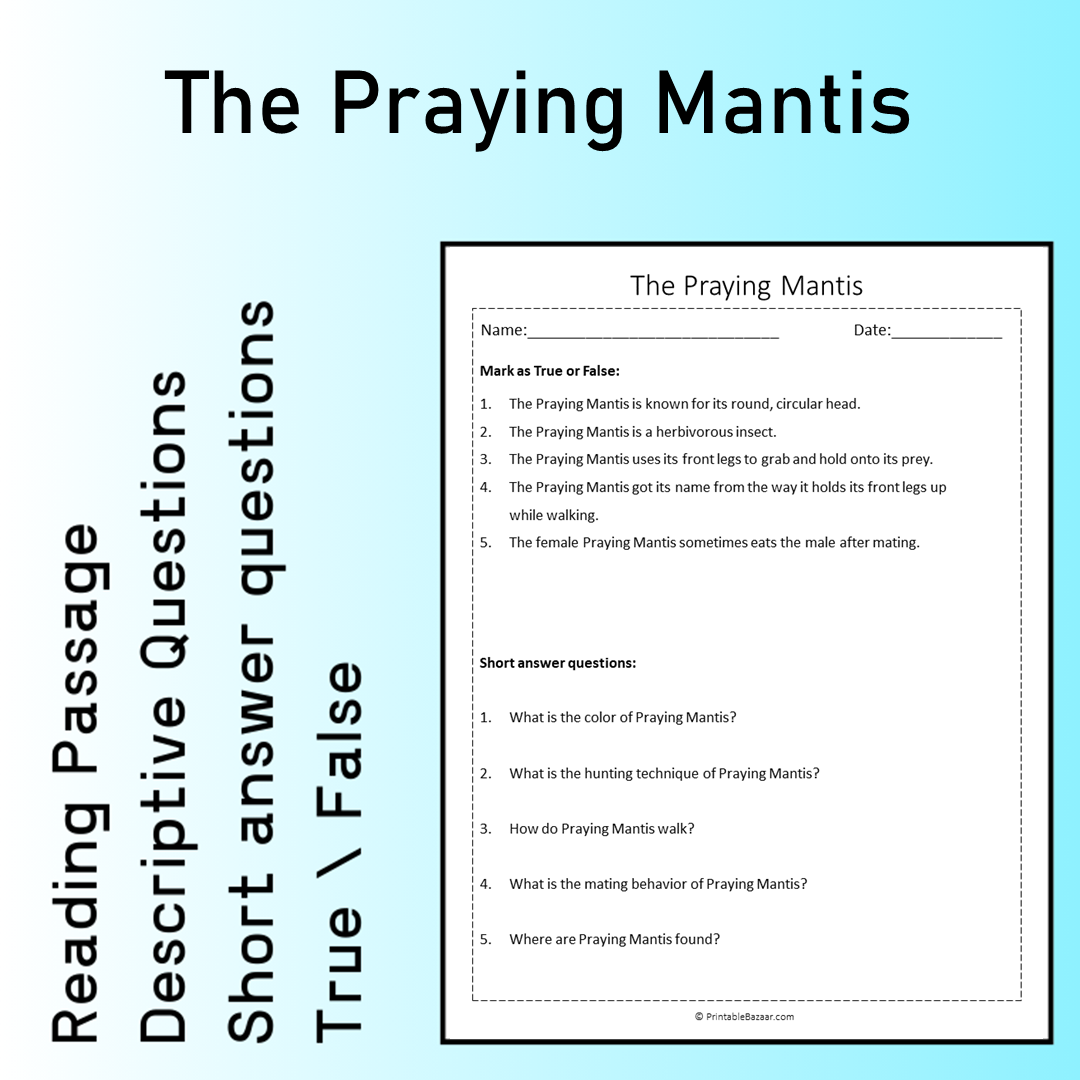 The Praying Mantis | Reading Comprehension Passage Printable Worksheet