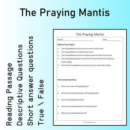 The Praying Mantis | Reading Comprehension Passage Printable Worksheet