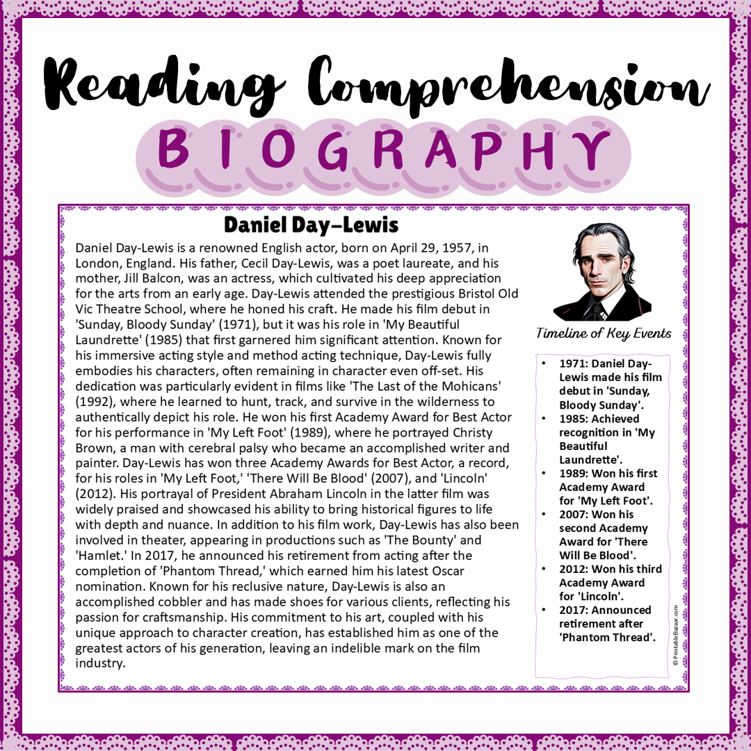 Daniel Day-Lewis | Biography Reading Comprehension and Questions Worksheet