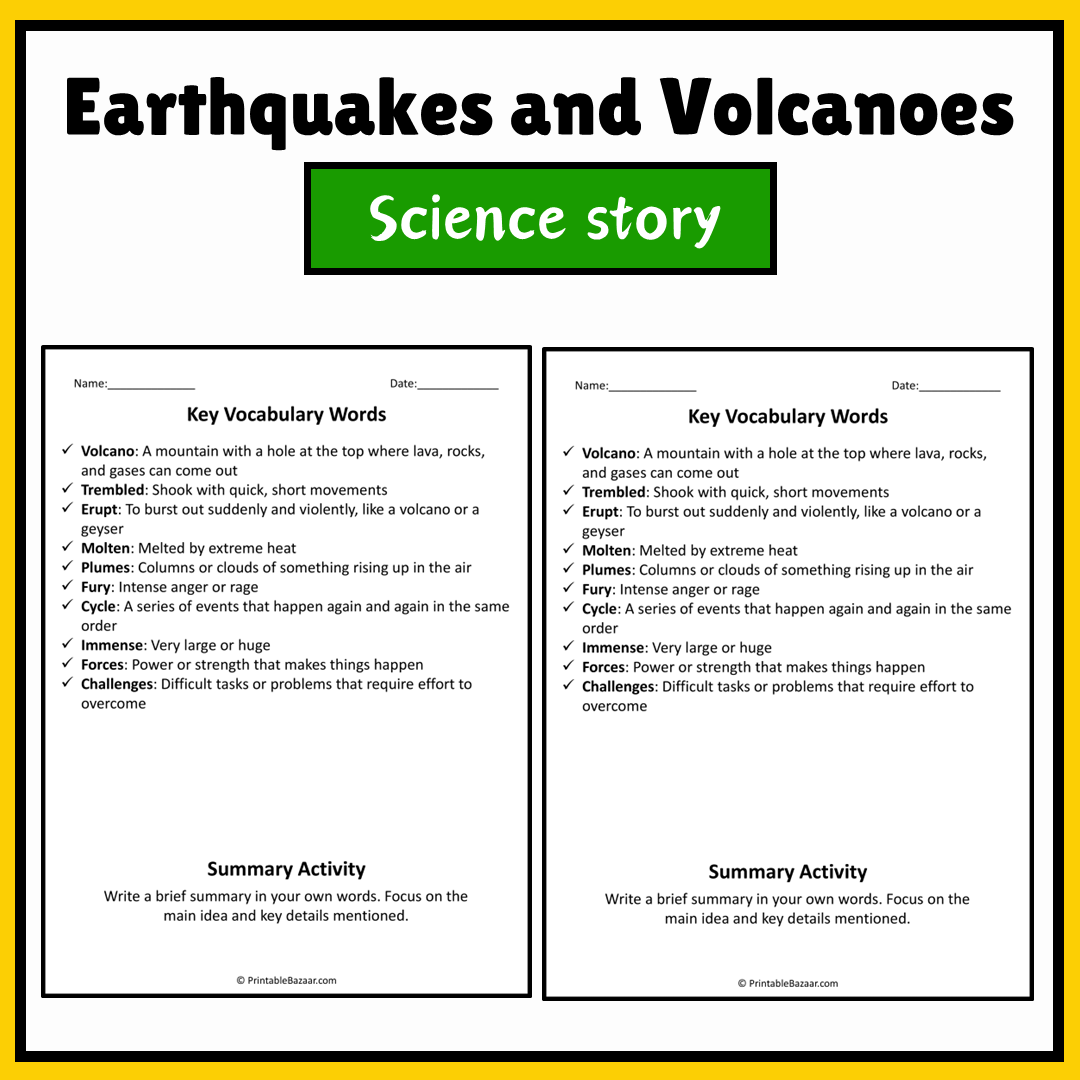 Earthquakes and Volcanoes | Science Story Reading Comprehension Activity